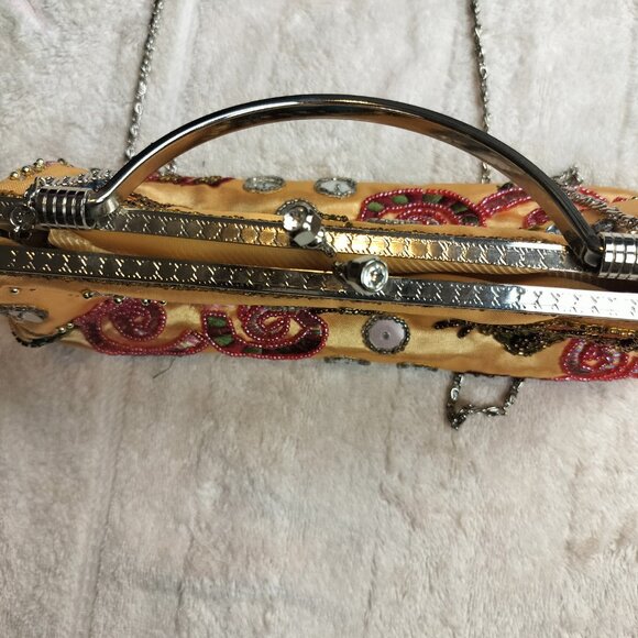 Beaded Butterfly Evening Clutch | Gold Satin Sequin Formal Bag | Whimsigoth - Picture 6 of 9